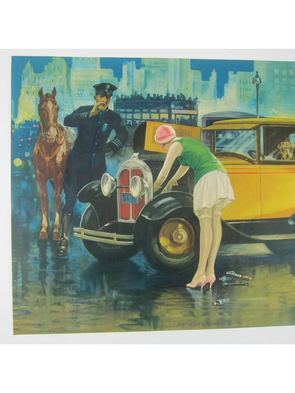 1920s Art Print Flapper Girl Fixes Antique Yellow Car Dog Police Man Horse City